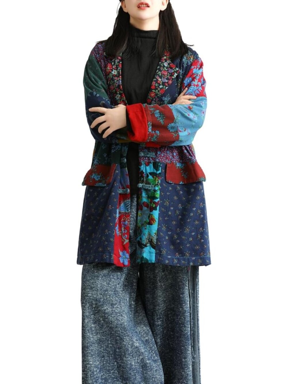 Floral Patchwork Duster Coat, Handmade Cotton Linen, Oversized Bohemian Blazer